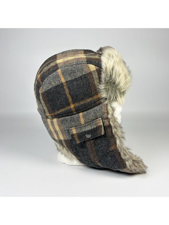Woolrich Plaid Trapper Hat Faux Fur Lined Ear Flaps Gray Brown Wool Blend S
